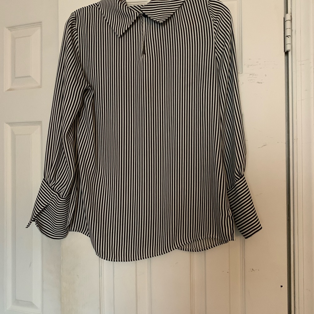 Chico’s Black and White Vertical Stripe Button-Up Blouse